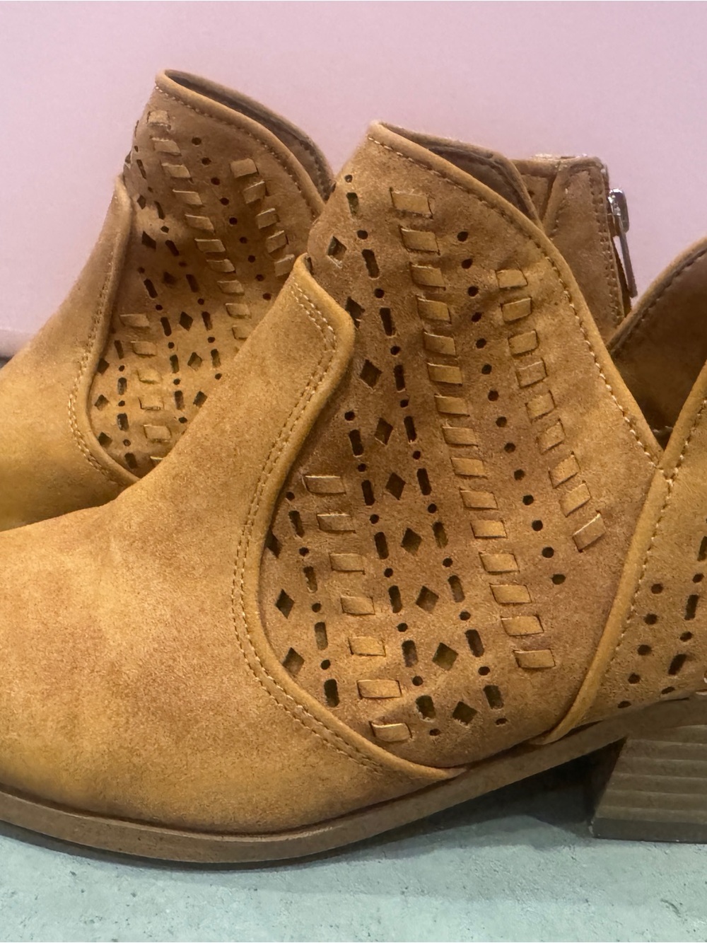 Suede Cutout Ankle Booties in Tan